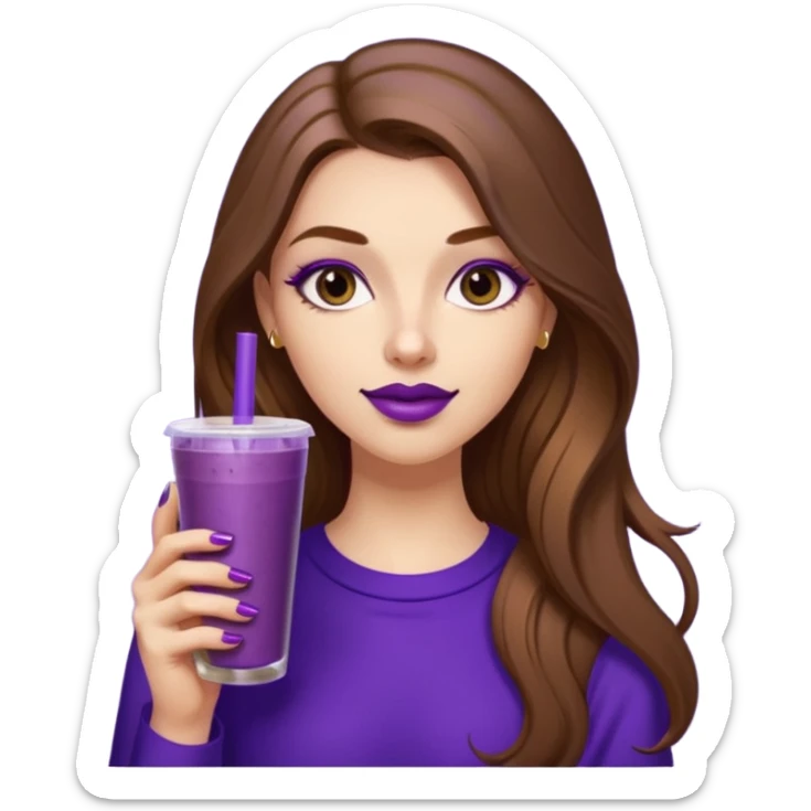 girl with long brown hair, wine lipstick, gold nails, drinking a blueberry butter pecan iced coffee with a purple straw  sticker