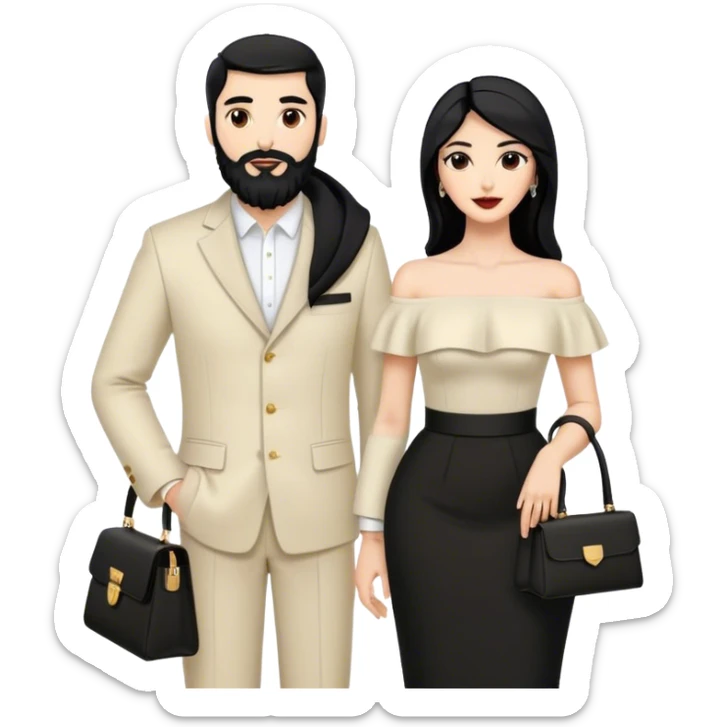the Lebanese white skinned man with black hair and beard dressed in all black, and the Palestinian woman in an elegant off-shoulder cream-colored outfit with a handbag. sticker