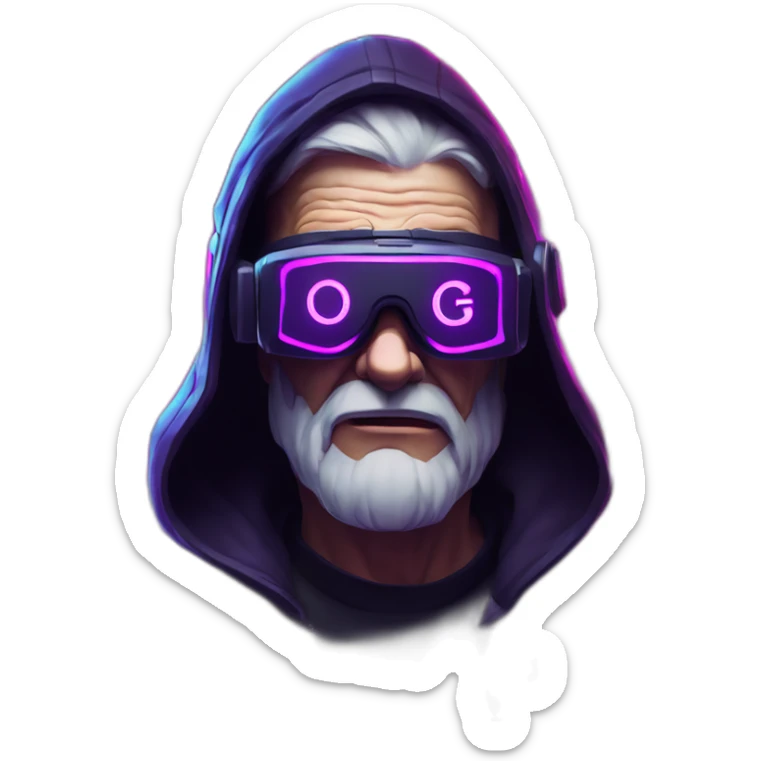 Russian old man wearing a black hoodie with "OMG" letters on it and VR headset in a cyberpunk VR environment with violet neon lighting. sticker