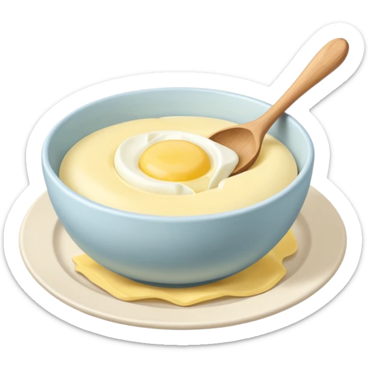 a dozen eggs, a ceramic mixing bowl with a wooden spoon and a plate of butter sticker