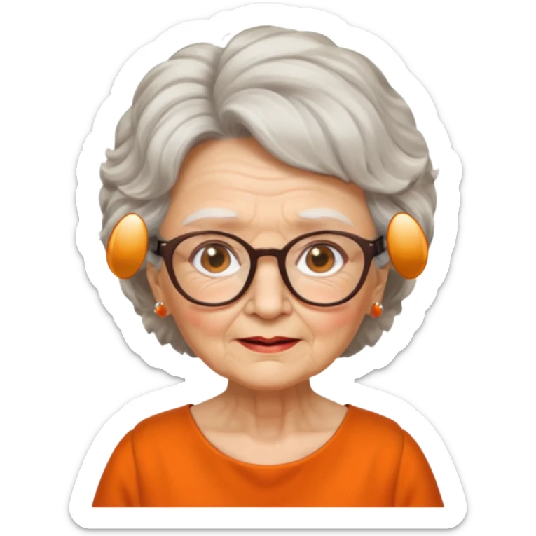 OLD LADY IN KITCHEN OUTFIT ORANGE DRESS, GLASSES. WHITE HAIR , AOROM BUSHY HAIR sticker