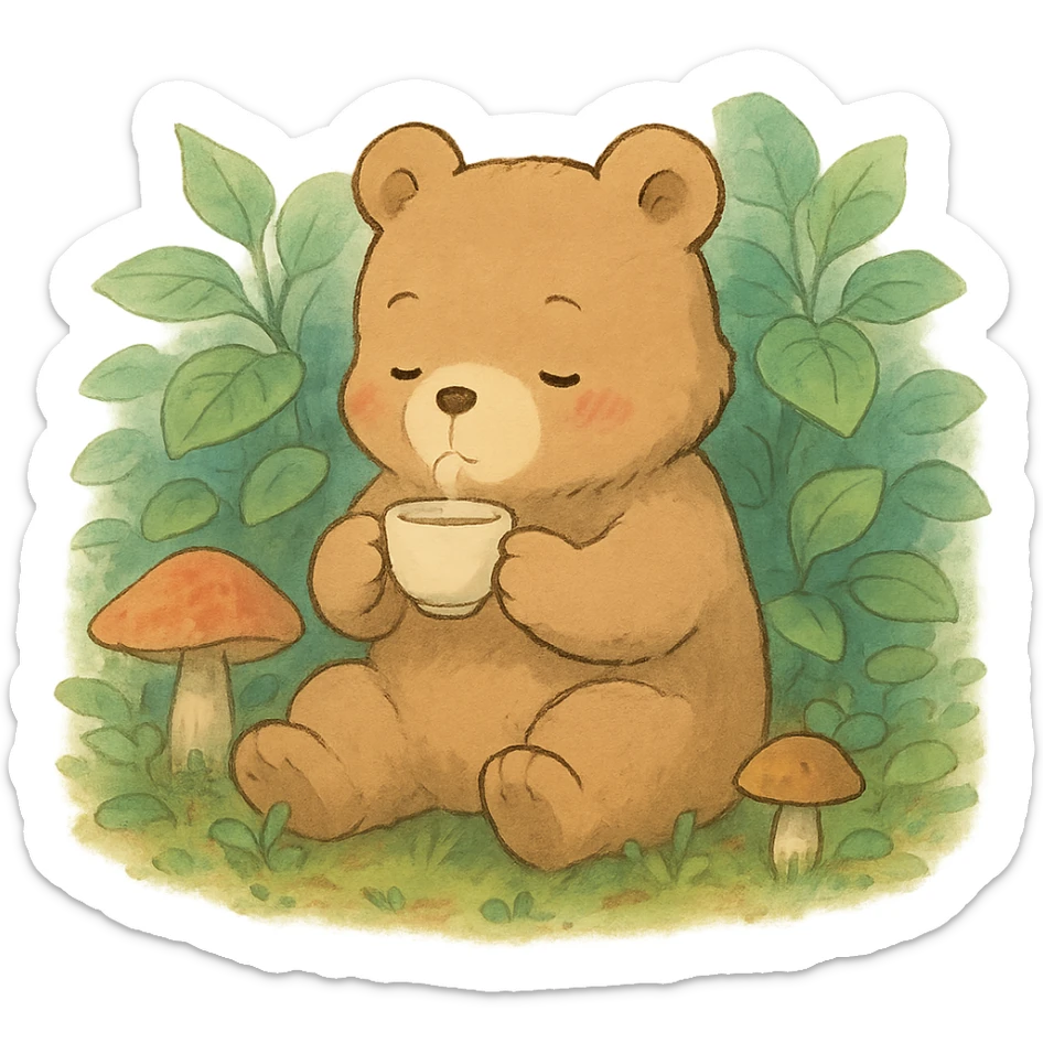 little bear sipping tea in the forest, surrounded by leaves and mushrooms, soft Ghibli style sticker