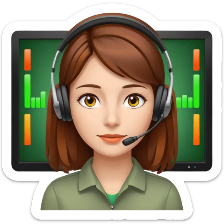 woman, brown hair, middle european, wearing a headset. she is controling limits on screen: green = ok, orange = bald überschritten, re = limite überschritten sticker