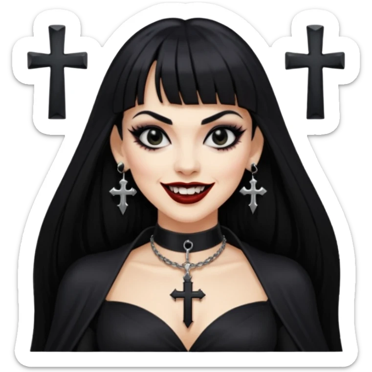 vampira com cabelo preto longo e liso e franja, olhos pretos, brincos em formato de cruz, choker em formato de cruz, roupa preta com decote, batom preto e sorrindo mostrando as presas de vampira sticker