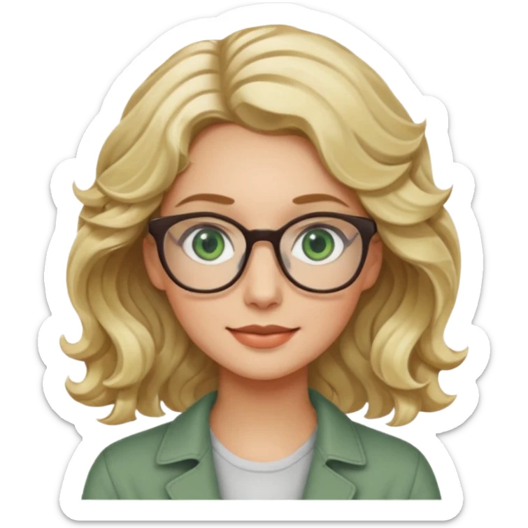 blonde woman, age 25-30, green eyes, wavy hair, friendly expression, product designer sticker