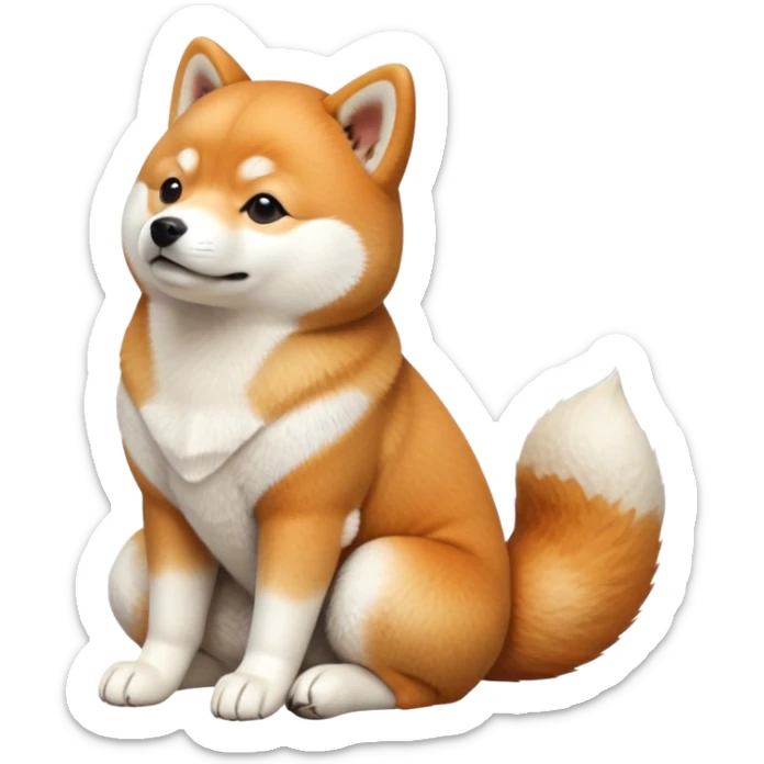 cinematic-[shiba inu]-realistic-full-body-sitting-emoji,-tail-resting-loosely-beside-its-paws,-head-tilted-dramatically, -fluffy-[orange white]-fur,-simplified-yet-realistic-focused-features,-highly-detailed,-glowing-with-an-almost-sarcastic-glow sticker