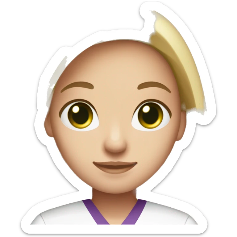 pretty nurse with long  straight blonde hair green eyes   in purple scrubs no stethoscopes sticker