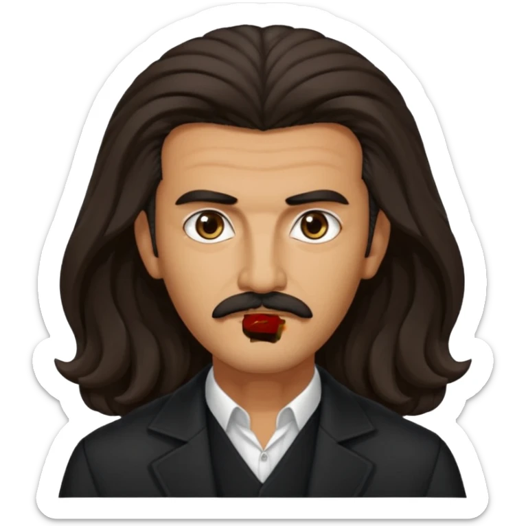 Tedros from The Idol with dark brown long hair and thin mustache, tan skin, black outfit sticker