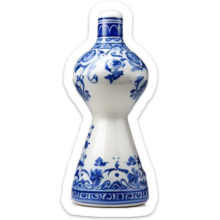 The Clase Azul Tequila bottle is tall and hourglass-shaped, with a wide base that tapers towards the neck. Its white ceramic body is decorated with cobalt blue floral designs, and it’s topped with a complete gray, bell-shaped stopper that curves inward  sticker