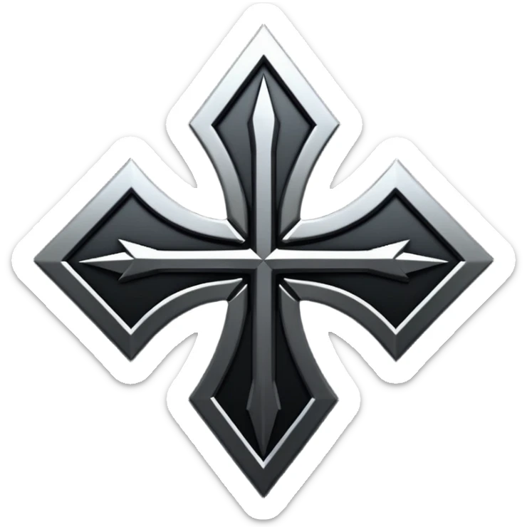 Emoji, dark futuristic cross, symmetrical geometric shape, black metal, gothic cyber aesthetic, minimal flat design, sharp edges, centered, transparent background do not use any other colors but metal and black sticker