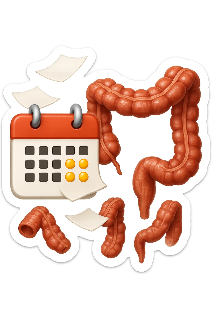 emoji stile iphone di un calendario con fogli che volano insieme a pezzi anatomici di colon umano, iperrealistico 4k, isolato su sfondo bianco sticker