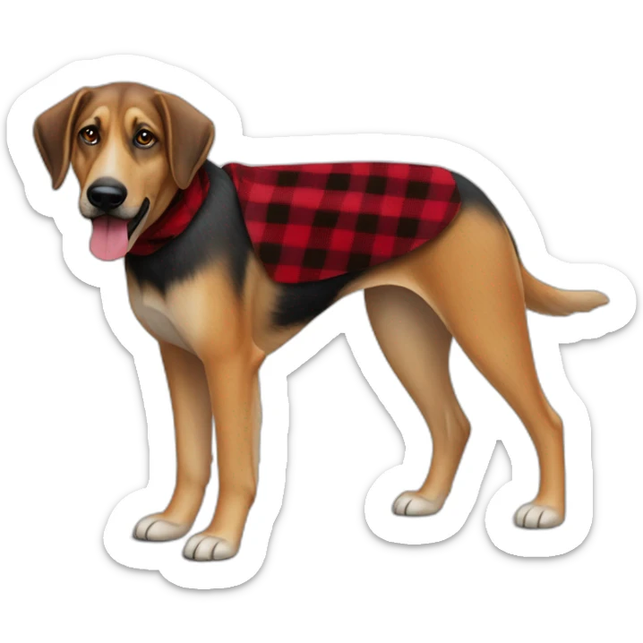 adult 75% Coonhound 25% German Shepherd mix dog with visible tail wearing small pointed red buffalo plaid bandana full body walking left quickly sticker