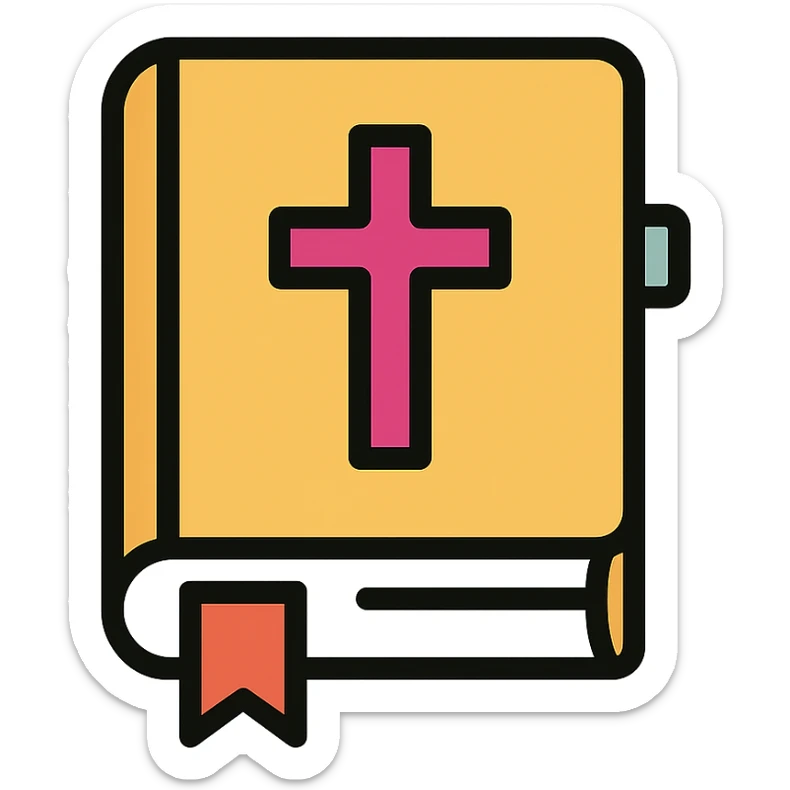 closed Bible with a pink cross on the cover, color outline icon style sticker