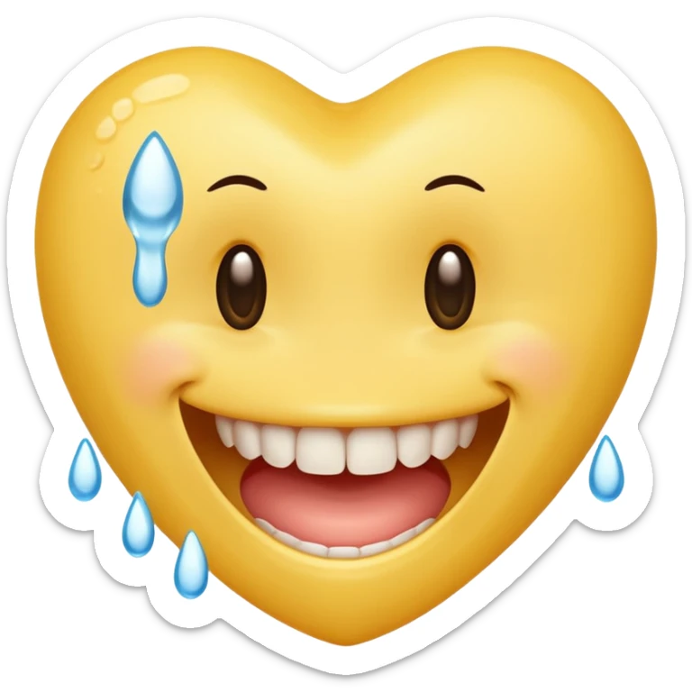 Yellow smiley face holding back tears with realistic watery eyes, and a big human tooth smile sticker