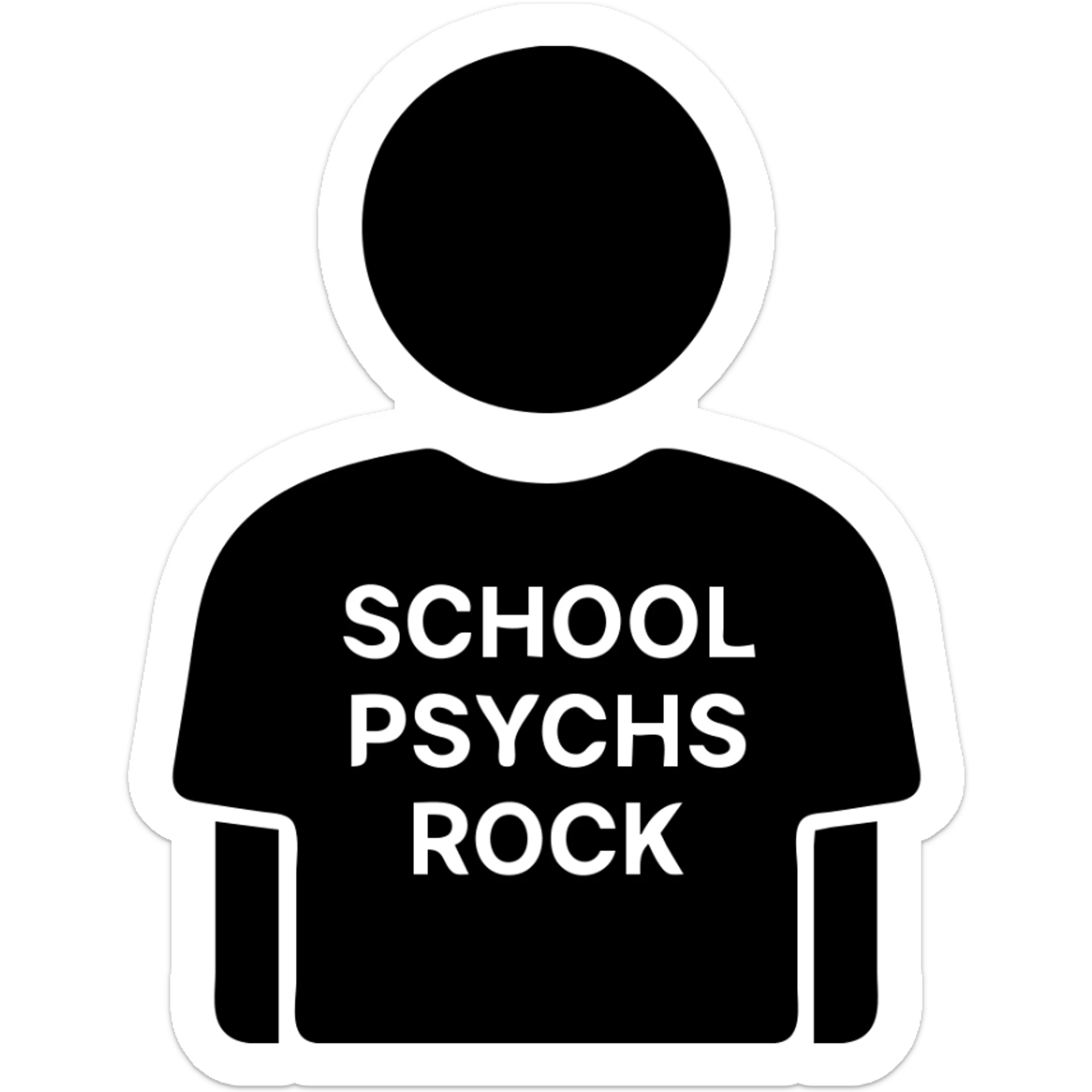 icon-style illustration of a person wearing a t-shirt that says 'school psychs rock', simple and bold, clear text, minimal details, modern icon aesthetic sticker