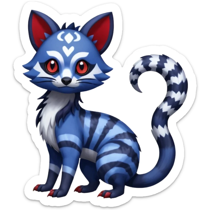 Rare warm-colored exotic gloomy tropical edgy cute epic aesthetic spooky indigo purple white black red gothic colorful Salandit-Furret-Espurr-Meowstic-Civet-species-Fakemon-hybrid-creature, with tribal tattoo markings, full body sticker