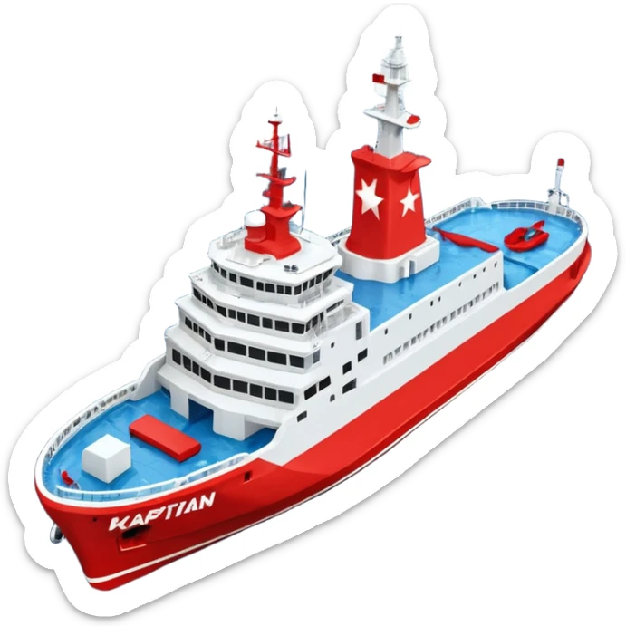 Realistic 3D icon of icebreaker "Kapitan Krutov" (grey hull, red star, white superstructure, "РОСМОРПОРТ" lettering). Soft winter lighting, 3/4 aerial view. Fractured blue ice, white background. High detail, photorealistic GSON style. sticker