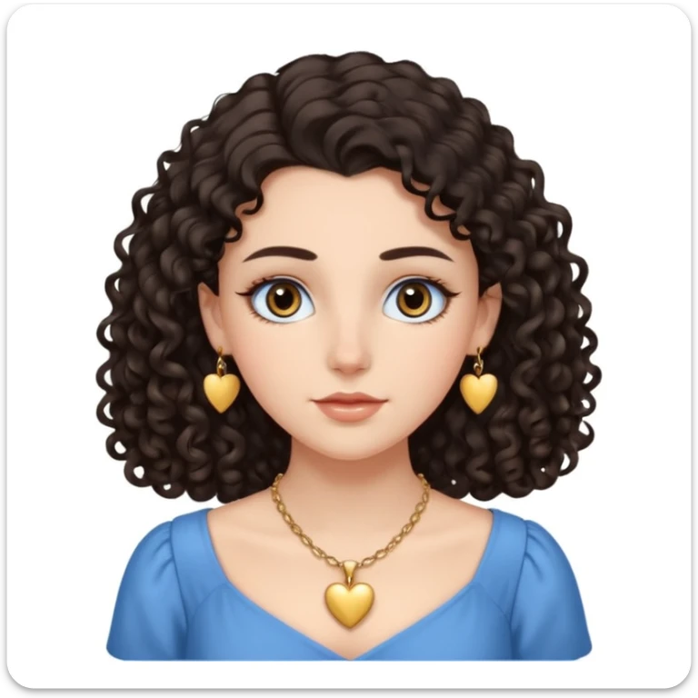 white girl, dark curly hair, big brown eyes, oval face, straight nose, full lips, soft eyebrows, wearing a delicate blue dress, a golden heart necklace, long eyelashes  sticker