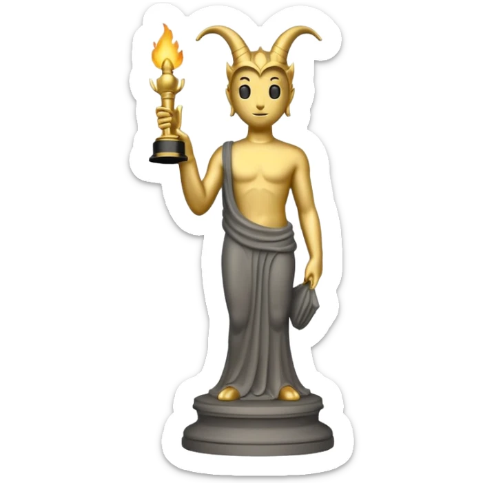 Minimalist emoji-style sticker of a full-body Oscar-like statue in matte gray-gold, with small horns  and faint flames at the base, all in black and muted hues sticker