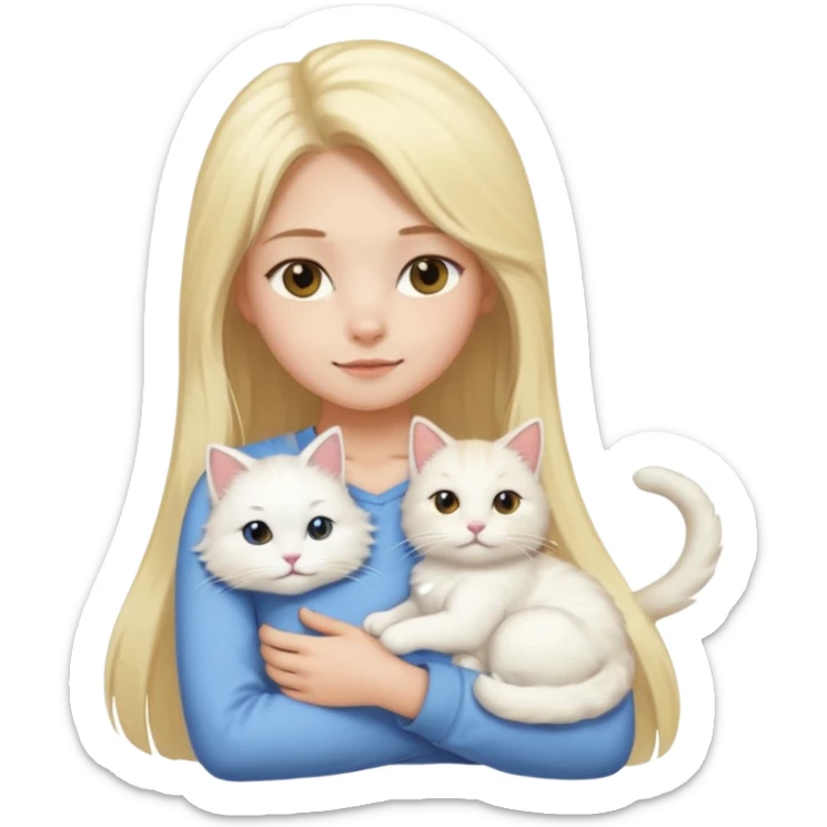 a girl with long blonde hair and a white fluffy cat lying on her left shoulder and neck, emoji style, suitable for Discord and Slack sharing sticker