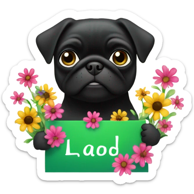 Black pug , surrounded by flowers, holding a green sign that says “good luck”  sticker