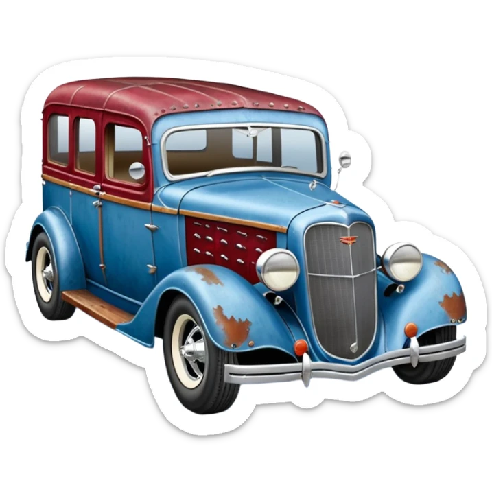 A 1934 fenderless(fenders removed) body shell rustic old antique rat Chevrolet hot rod caravan that’s blue and cherry pearl  sticker