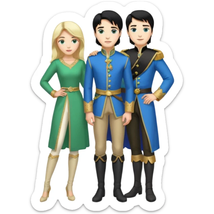 prince, standing upright, black Hair, blue eyes, garment,  woman, bending knee, White sleveless dress, blonde hair, green eyes, sticker