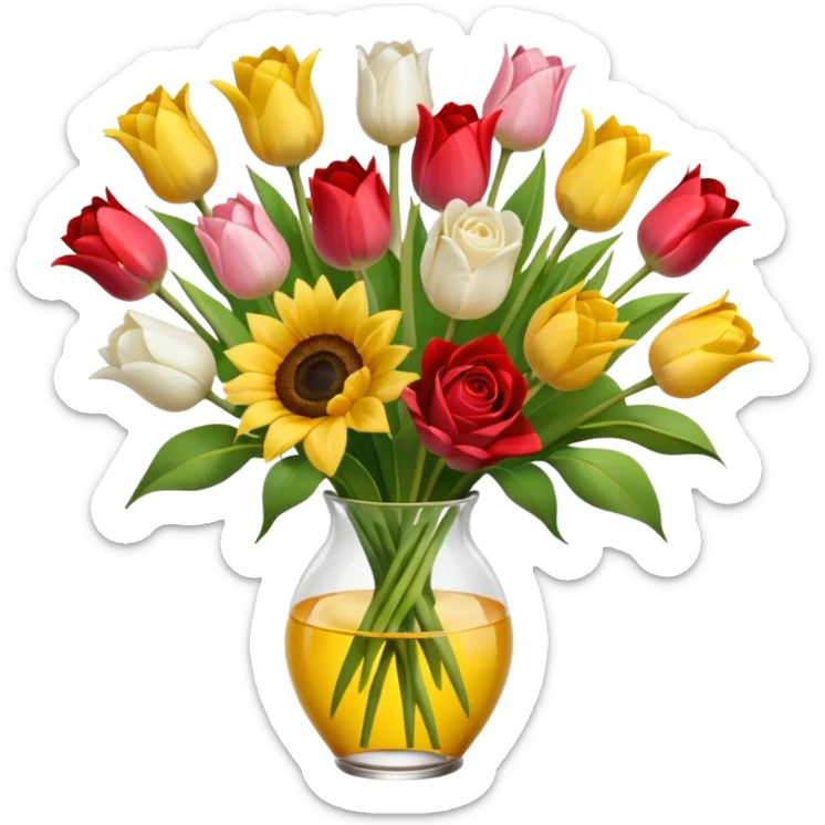A mix bouquet of red, yellow and white roses, Sunflowers and white and pink Tulips sticker