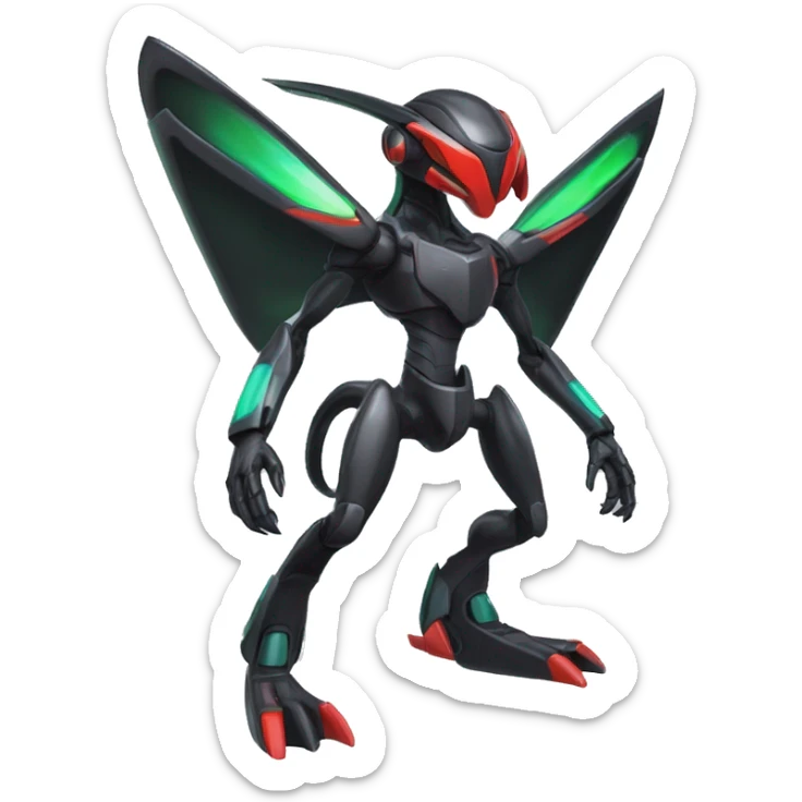 a shiny black Genesect-Flygon-Raptor-Fakémon-Medabot-hybrid with a futuristic visor-helmet full body sticker