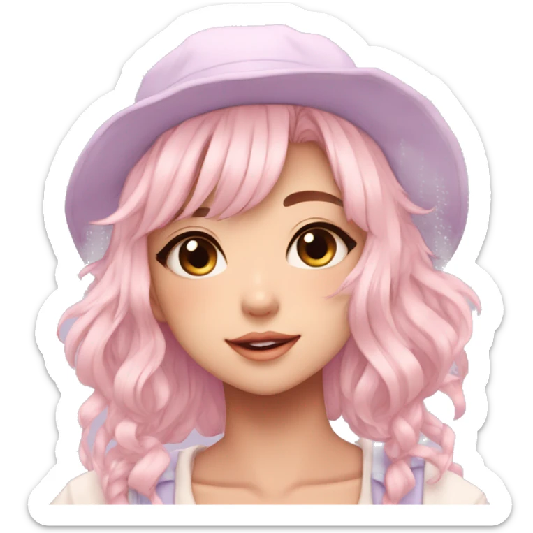 Gorgeous pastel anime girl with blushing face and hair garnitures and pretty hair and a hat-cap aesthetic trending style sticker