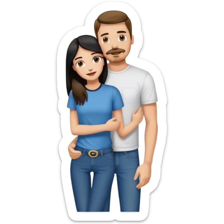 tall white guy with brown hair goatee mustache wearing t-shirt and jeans hugging a shorter white girl with long black hair sticker
