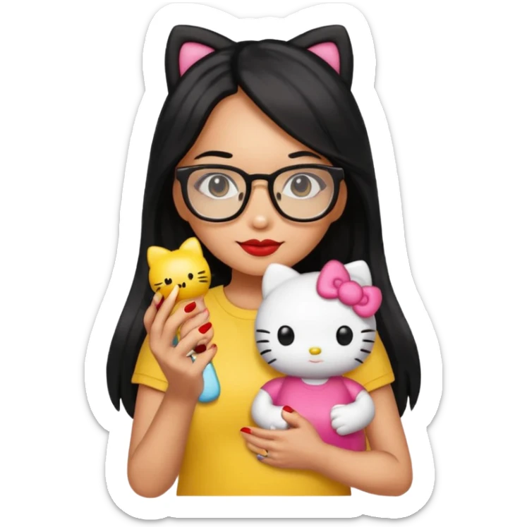 Nails cute with hello kitty wear glasses black long  hair, woman wear yellow shirt , red nails , big hello kitty doll sticker