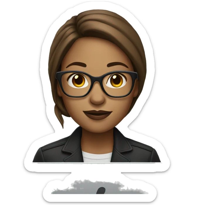 woman with fair skin long brown hair square glasses on laptop sticker