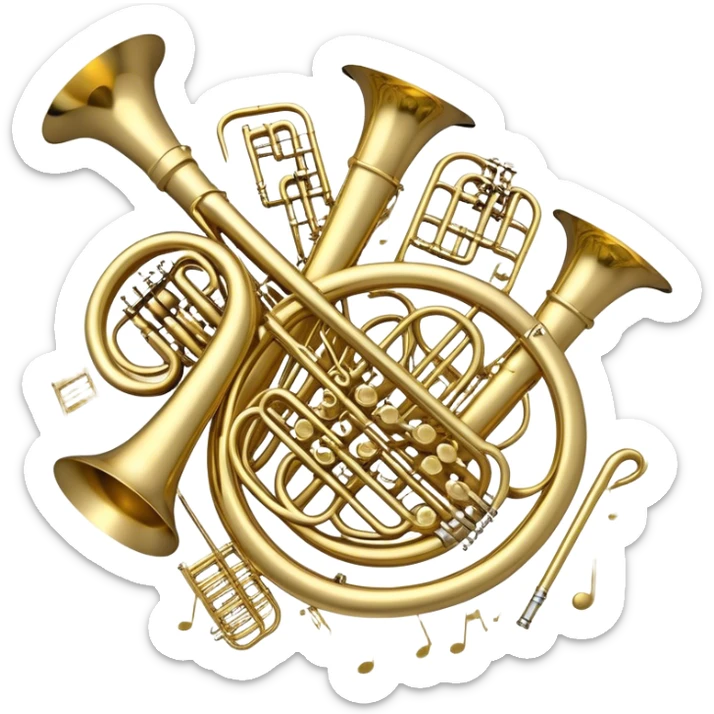 Create a festive and elegant emoji collage featuring a bouquet or fan of bells of wind instrument  (trumpets, saxophones, trombones, tubes, etc.) arranged in a radiant, symmetrical pattern. The instruments should have polished, golden and silver finishes, with their large, shiny bells forming a beautiful, fan-like display. Include a flowing ribbon of musical notes swirling through the center, conveying movement and melody. The background should feature a deep red velvet texture, adding a touch of luxury and sophistication. The overall composition should be balanced, with an elegant and regal feel, with a transparent background to keep focus on the instruments and musical elements. sticker