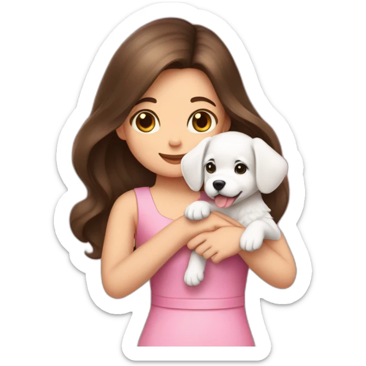 girl brunette hold on the hand small white puppy which dressed in pink dress sticker