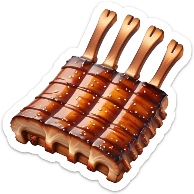 Cinematic Realistic Barbeque Ribs Dish Emoji, depicted as succulent, slow-cooked ribs with a sticky smoky glaze rendered with rich textures and dynamic, appetizing lighting. sticker
