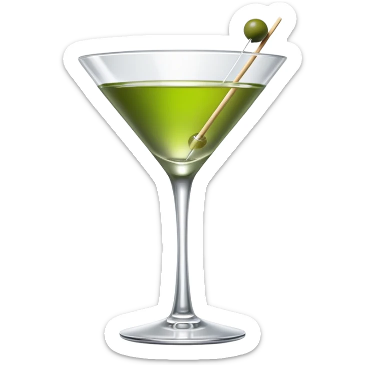 empty martini glass with just a hint of colorless liquid, showing mostly glass with very minimal liquid representation, single green olive on toothpick sticker