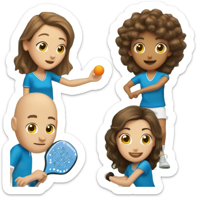 4 Caucasian people playing pickleball with 1 tall bald male, 1 shorter brown hair male, 1 girl with long brown hair, 1 girl  with brown hair sticker