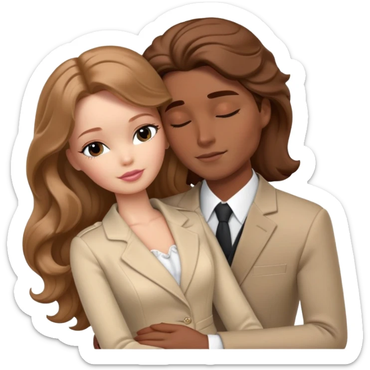 White Barbie girl Chestnut long wavy hair sleeping with In beige clothes, Hugs a man with brown hair, brown eyes and a black suit sticker