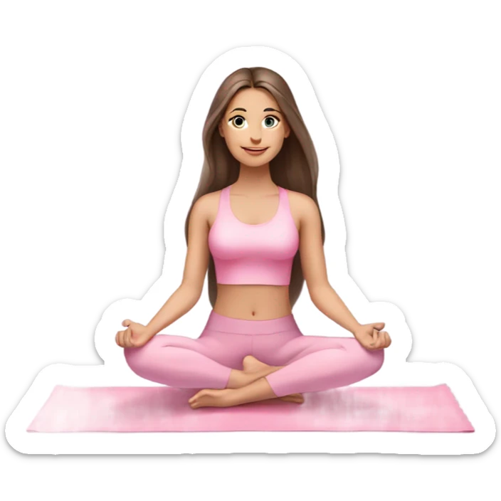 Brunette long hair and blue eyes yoga beautiful girl in light pink pink pink clothes sitting on a yoga mat sticker