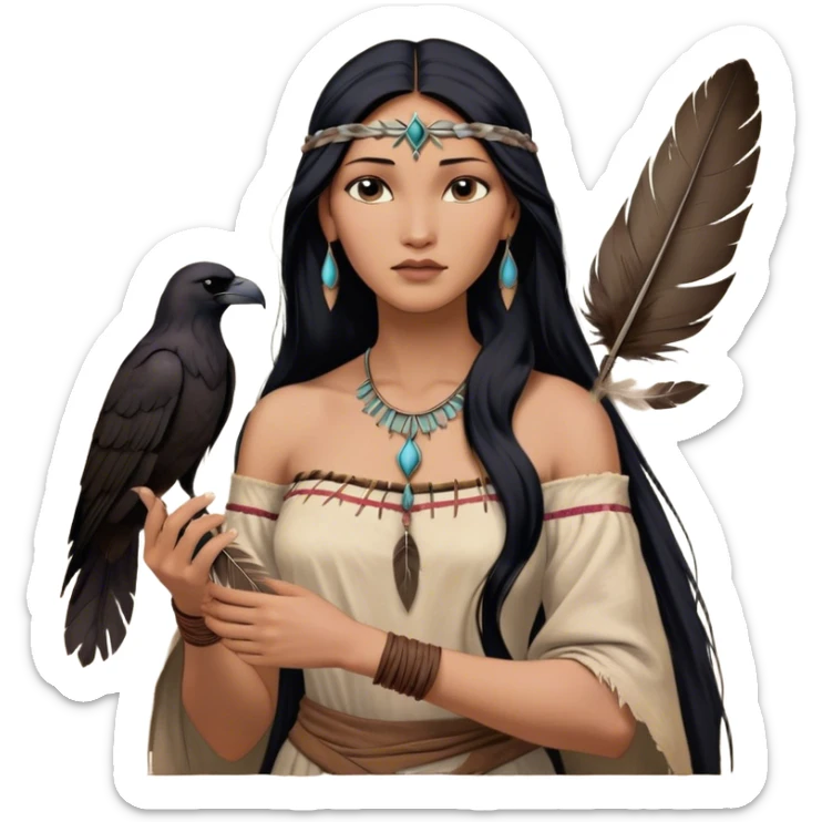 Cinematic Realistic Pocahontas Portrait, depicted with lifelike skin texture, soft natural lighting, and intricately detailed long, flowing raven-black hair that moves gracefully in the wind. Her deep, soulful dark brown eyes exude wisdom and strength, complemented by a serene yet powerful expression. She is shown gently holding a feather in one hand, her other hand resting lightly at her side, embodying the harmonious balance between nature and herself. She is dressed in her classic one-shoulder native American dress, with rich fabric textures and delicate beaded details that catch the light beautifully. The portrait features a soft, sun-kissed glow with a natural, radiant finish, capturing the essence of untamed beauty and deep connection to nature in a realistic and painterly style, evoking a sense of depth and authenticity. sticker