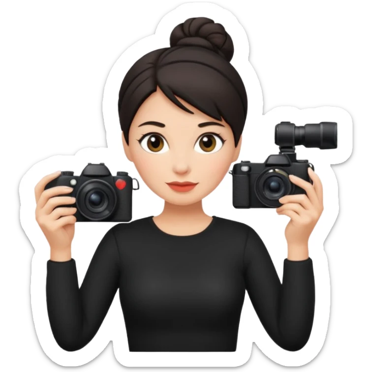 middle aged woman photographer with dark hair in a bun, wearing black clothes sticker