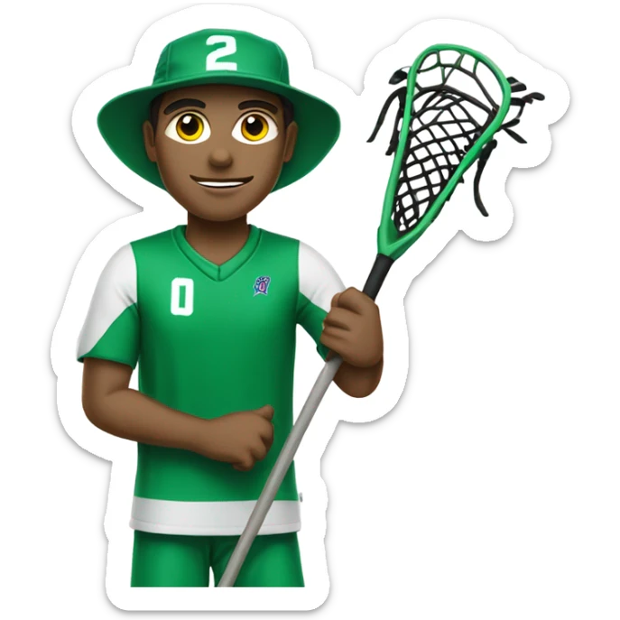 No glasses and mountain in Jersey coach with Green and white clothing hat with  lacrosse coach with stick  sticker