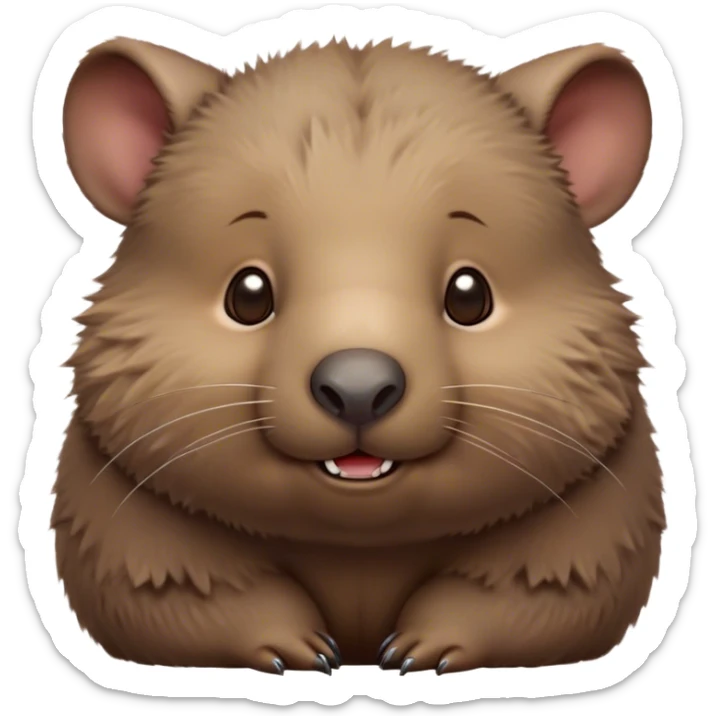 Cinematic Cute Wombat Portrait Emoji, Head tilted playfully and inquisitively, featuring a fluffy, shaggy brown fur with a round, endearing face and twinkling eyes full of gentle curiosity, Simplified yet irresistibly adorable features, highly detailed, glowing with a warm, friendly glow, high shine, affectionate and chubby, stylized with a touch of bushland whimsy, bright and endearing, soft glowing outline, capturing the essence of a mischievous yet loving wombat, so playful it feels like it could trundle out of the screen into your arms! sticker