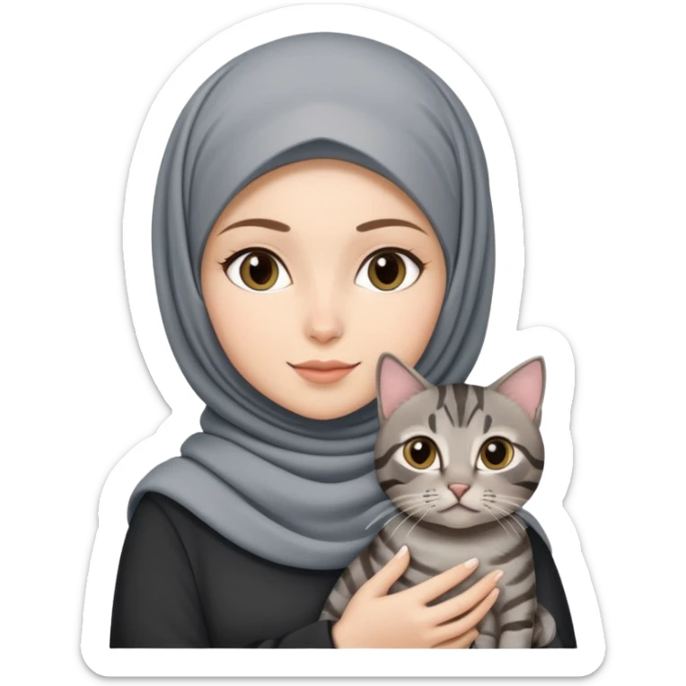 White girl wearing hijab holding a black grey tabby cat sticker