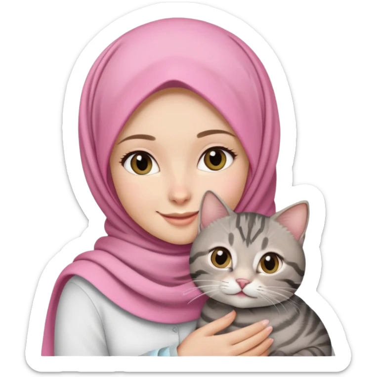 White girl wearing pink hijab with white shirt smiling while holding a black grey tabby cat sticker