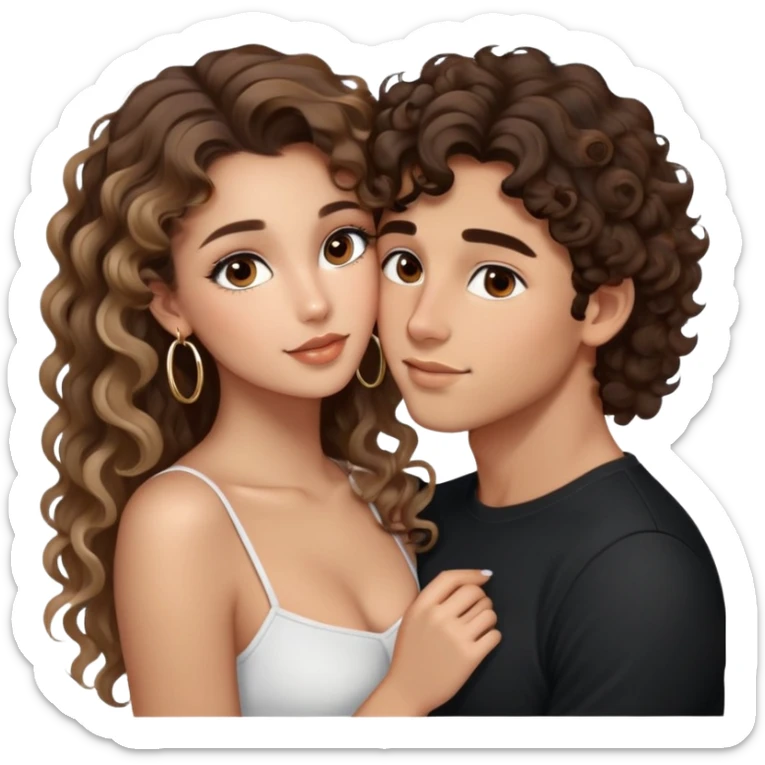 cute girl long brunette balayage curly/wavy not voluminous hair, brown eyes, hoop earrings, natural pretty clean makeup: kissing on the cheek a cute guy with blondish/brown hair and brown eyes taller than her sticker