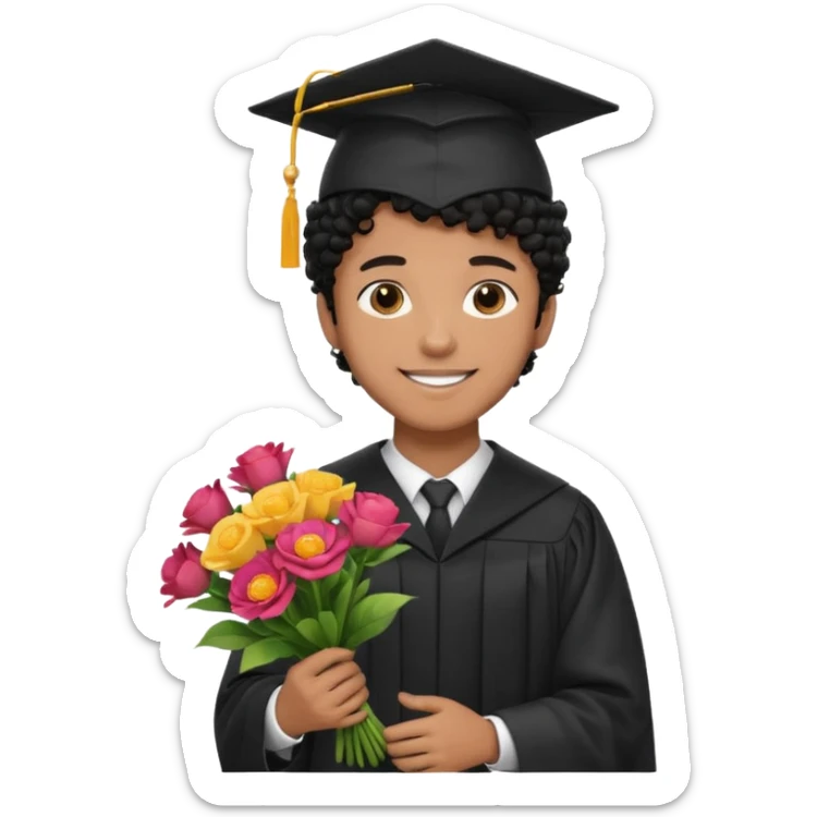 Graduated Students, Male,  brown skin, black curly hair, wearing graduation cap, holding bouquet of flowers
 sticker