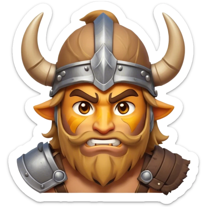 Clash of Clans aesthetic: Cinematic Fierce Barbarian Portrait Emoji, Poised and bold with a rugged yet cartoonish build in tattered furs and a horned helmet, his exposed skin a rich tan, expressive bright eyes and a confident smirk, Simplified yet dynamic features, highly detailed, glowing with a vivid, adventurous aura, high shine, heroic and spirited, stylized with an air of medieval warrior charm, focused and energetic, soft glowing outline, capturing the essence of a fearless barbarian adventurer ready to lead his clan with spirited valor! sticker
