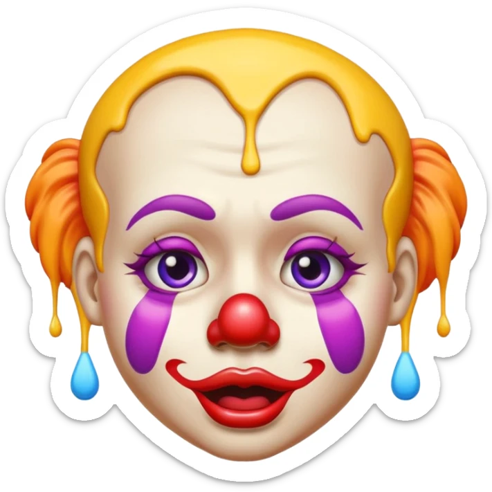 clown face with melting effect inspired by melting face and clown emoji, colorful makeup, sagging features, playful yet exhausted expression, emoji style sticker